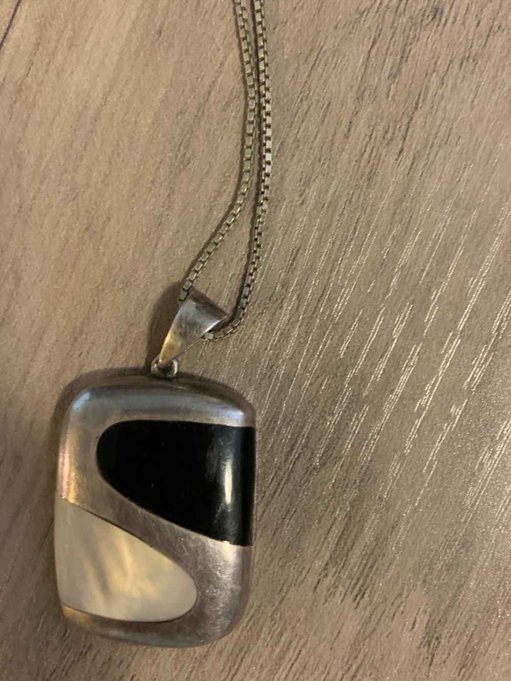 Silver Pendant Necklace with Black and Mother-of-Pearl Inlay